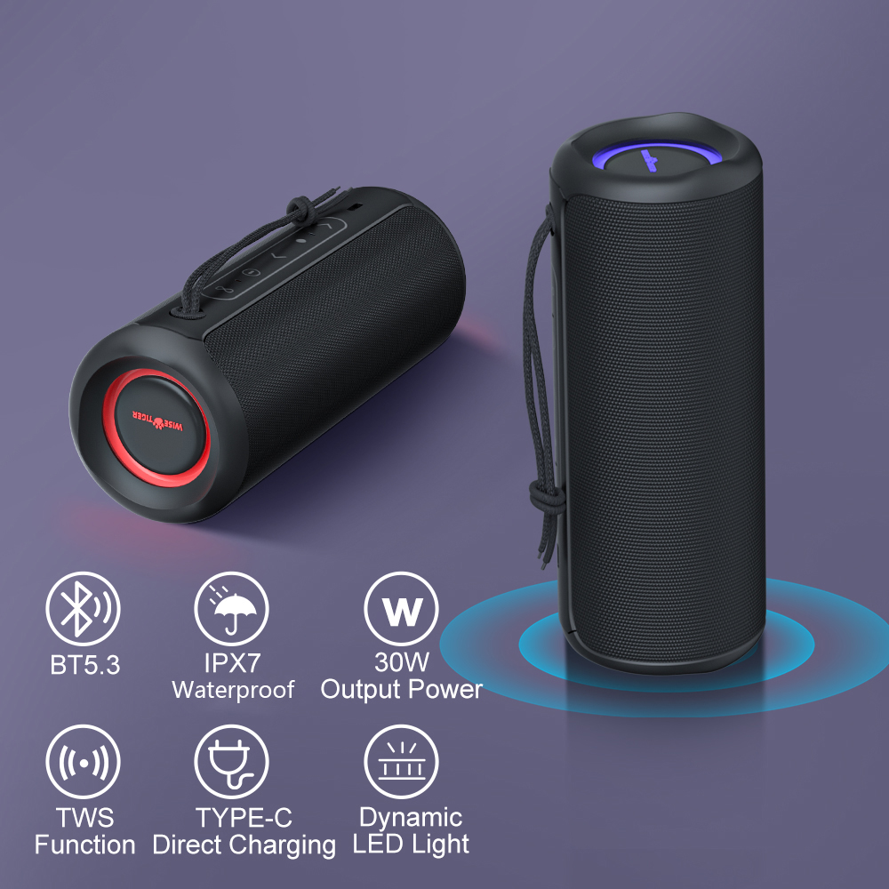 WISETIGER DEEYAPLE P3 30 W tragbarer Bluetooth-Lautsprecher für Höhle Außenbereich, IPX7 wasserdicht, kabellose Soundbox, BassBT5.3, RGB-Konnektivität