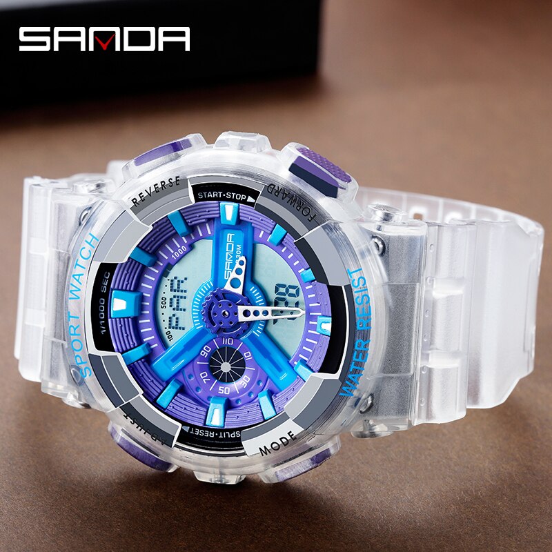 SANDA montre hommes et femmes montres transparentes étanche multi-fonction lumineux sport Double affichage Couple montre électronique