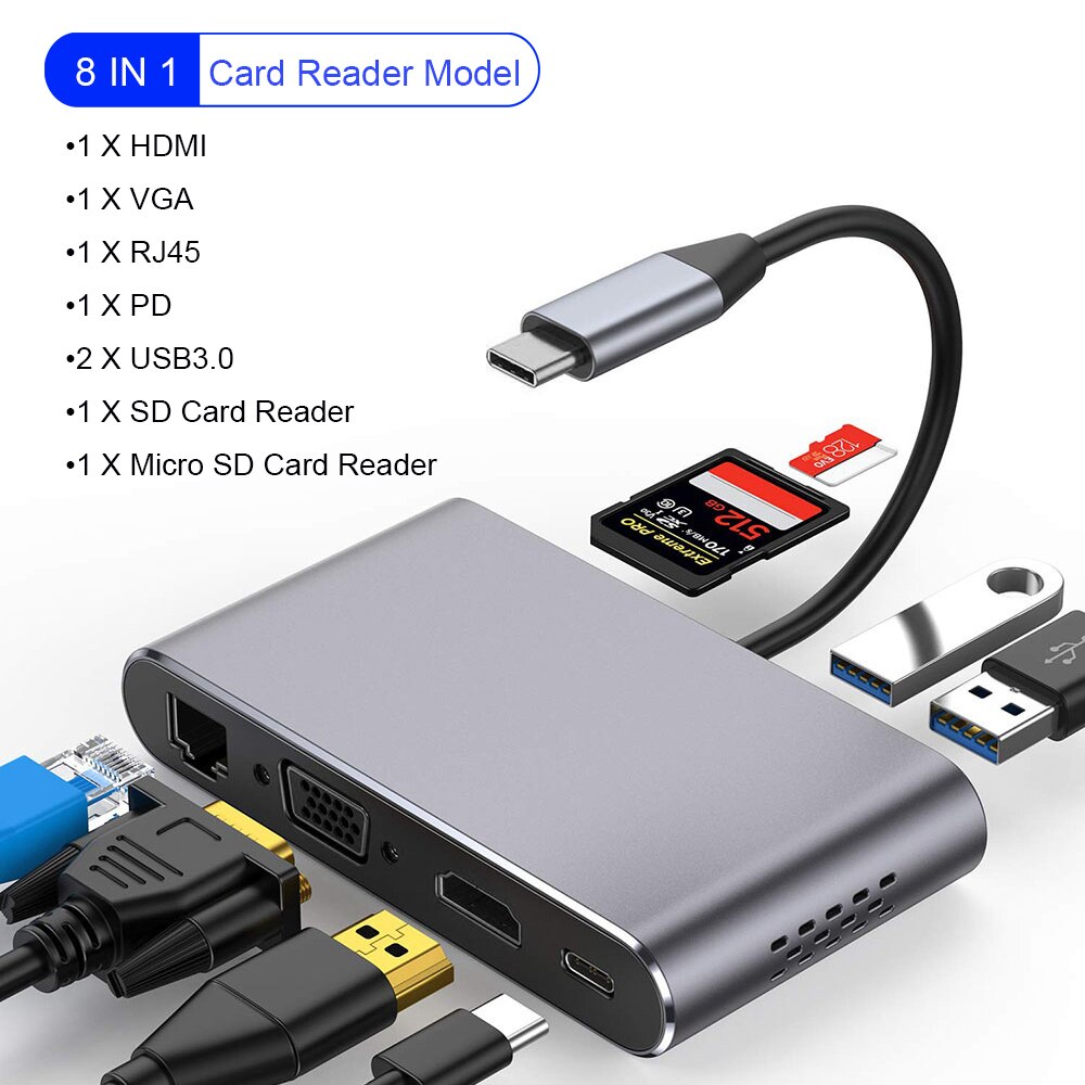 IREALTHINK USB Type C hub usb c adaptateur HDMI adaptateur iPad Pro convertisseur USB C Type C 3.1 répartiteur USB HUB: 8 IN 1 Grey Hub