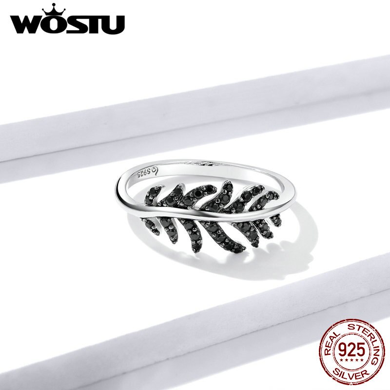 WOSTU retro Anel 925 Sterling Silber Jahrgang Feder Finger Ring für Frauen Schwarz kubisch Zirkon CZ Silber Ring Schmuck CTR131