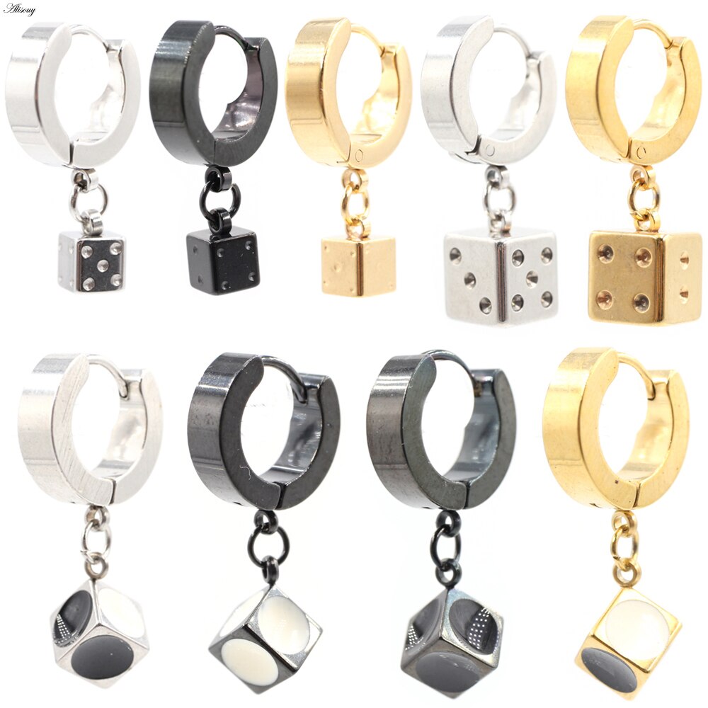 Alisouy 2 Stuks Punk Rvs Stud Huggie Hoop Oorbellen Voor Vrouwen Mannen Cube Vierkante Dice Dangle Oorbellen Hiphop Goth oorbellen