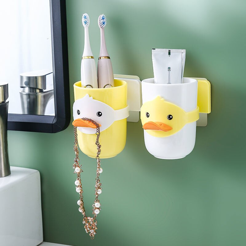 Porte-brosse à dents pour enfants, joli porte-brosse à dents , ensemble de lavage mural Non perforé, tasse de lavage dentaire: Duck white Yellow
