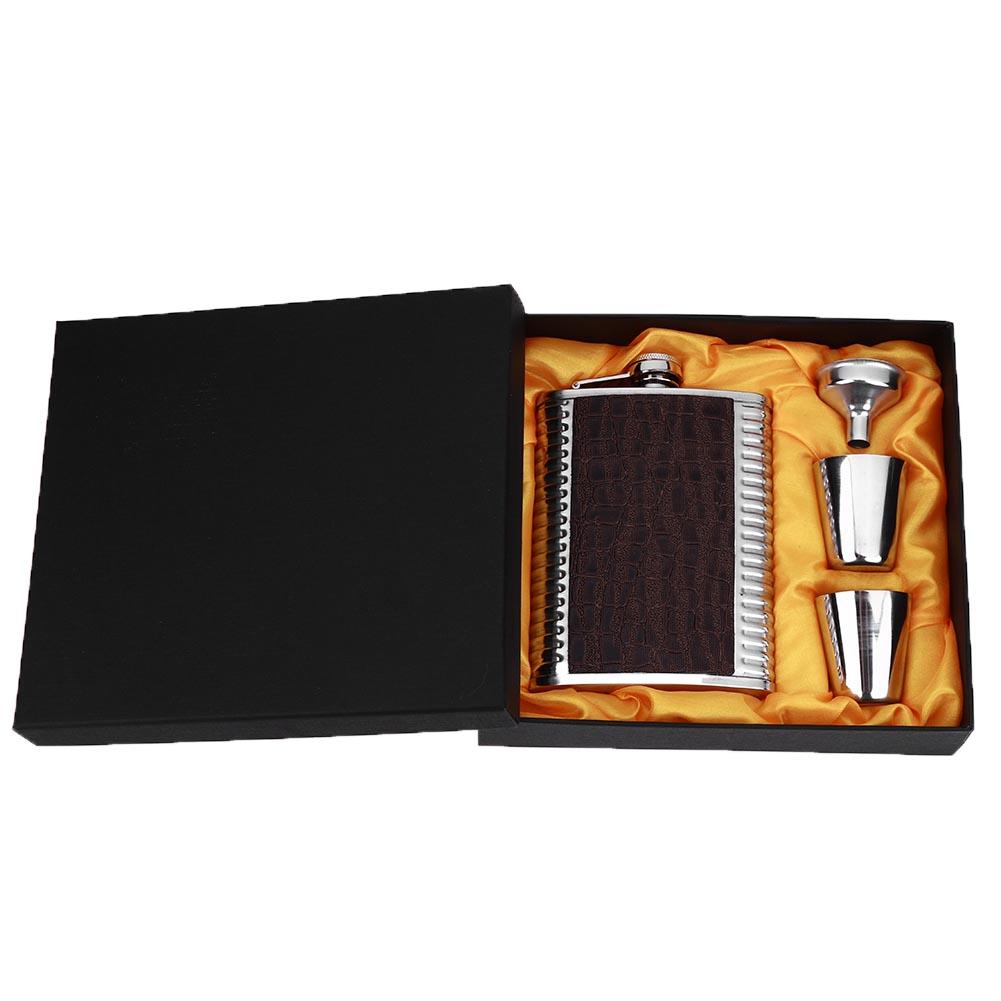 8oz Leather Stainless Steel Hip Flask Set Whiskey Flagon with 1 Funnel 2 Cups Box Flask Drinkware