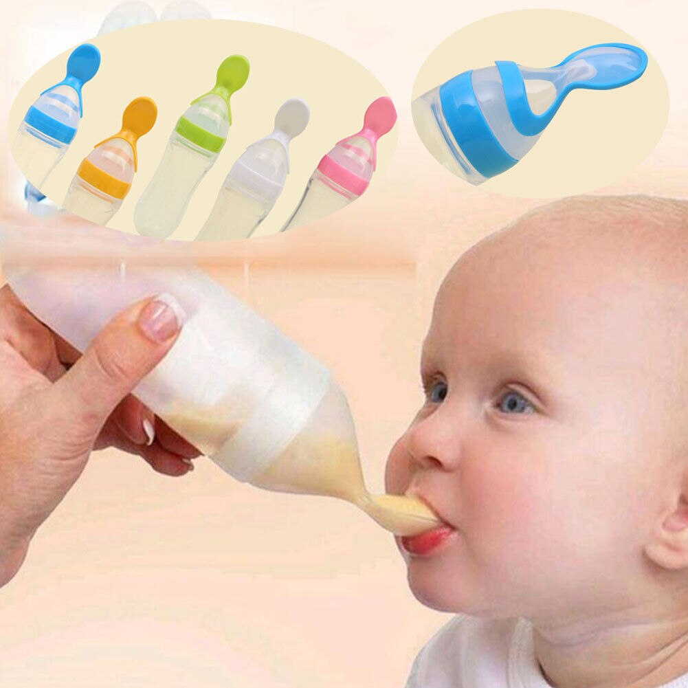 Baby Silicone Squeeze Feeding Bottle 90ml Safety Infant Baby Silicone Feeding With Spoon Feeder Food Rice Cereal Bottle