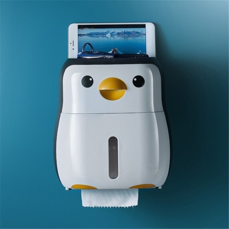 1Piece Penguin Shape Wall-mounted Toilet Roll Paper Holder Phone Tissue Drawer Storage Box Home Bathroom Supplies