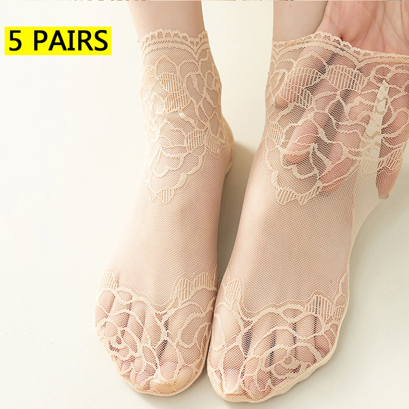 calcetines mujer calcetines tobilleros mujer calcetines invisibles mujer verano Lolita-Calcetines invisibles de encaje para mujer, medias finas, transparentes, antideslizantes y poco profundas, lote de 5 pares