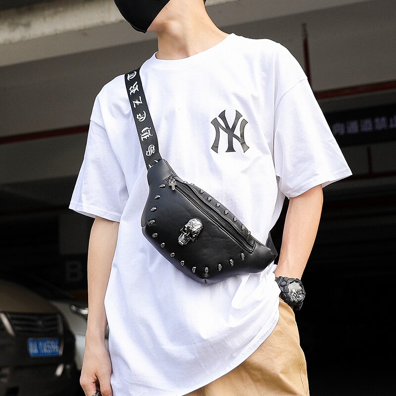 Sac de poitrine à rivet pour hommes et femmes, petit sac de poitrine, poches pour couple de rue, à bandoulière de , sac de locomotive avec crâne,