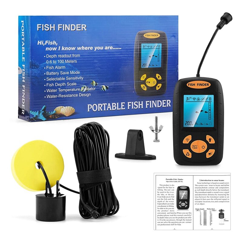 Fish Finder Portable Boat Depth Fishing Handheld Fish Finders Depth with Sonar Transducer and LCD Display