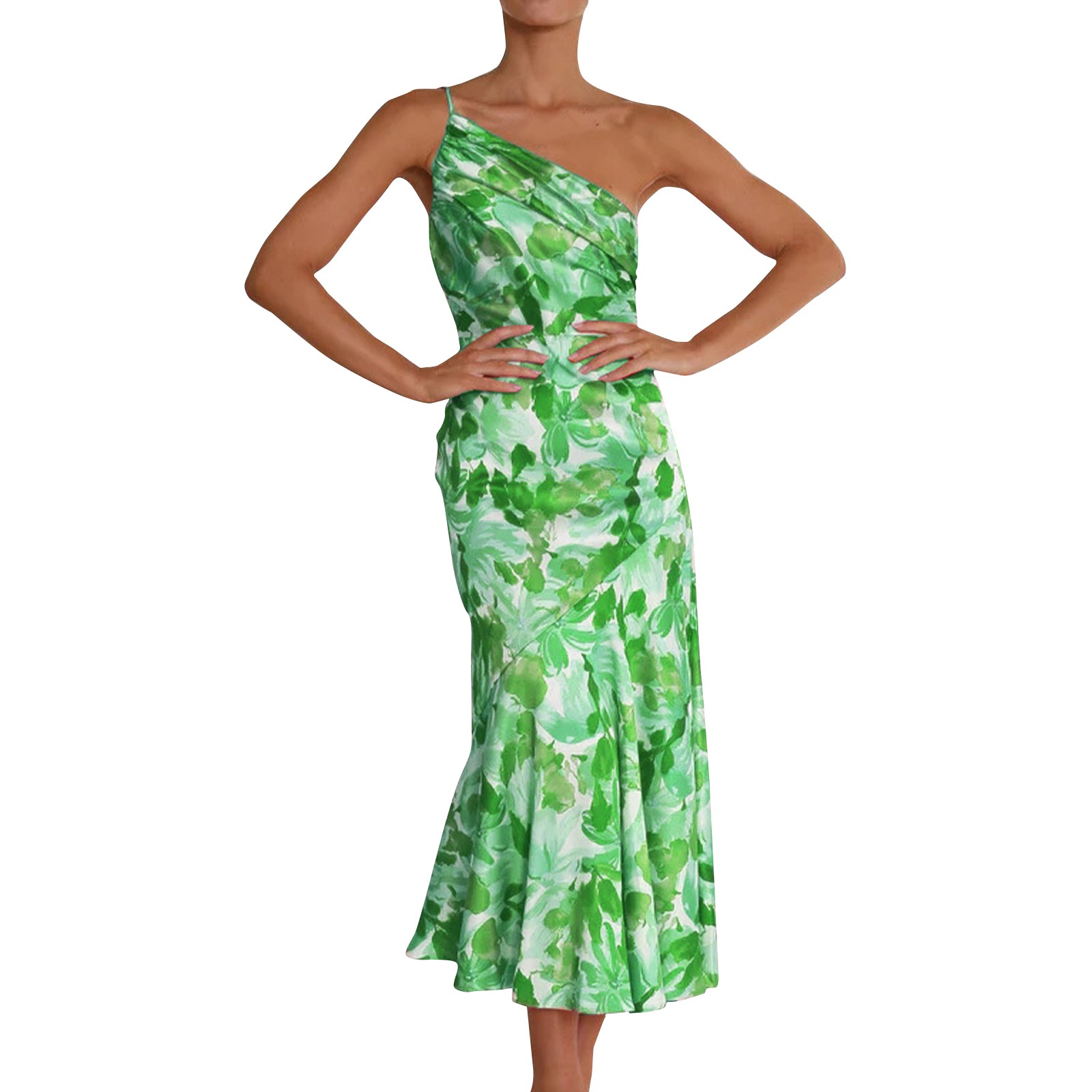 Stilvolles Fischschwanz kleid mit schrägem Hals riemen elegantes Kleid mit exquisiter Farbe und Blumenmuster: XL / green
