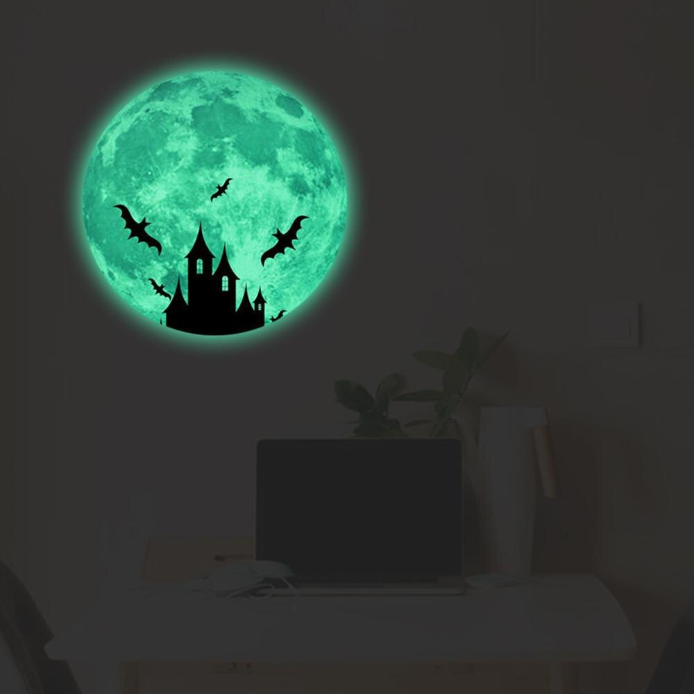 30cm halloween lysende måne klistermærke slot flagermus heks festival væg klistermærke glød i mørkt klistermærke væg klistermærke glad halloween: Ms04
