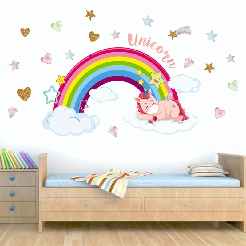 Rainbow & Unicorn Sleeping on Cloud Wall stickers Room Decoration Art Vinyls Decals Children Kids Living Room Bedroom Home Mural