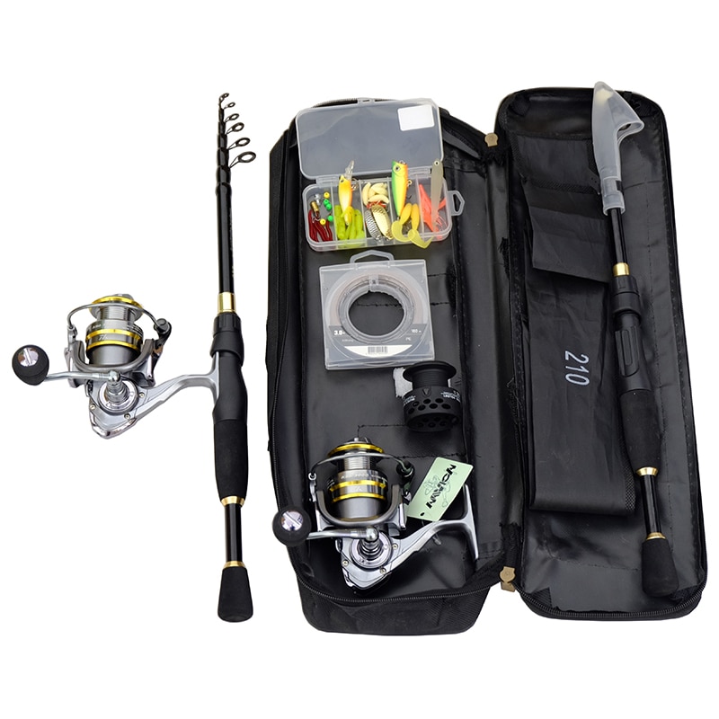 Teleskopisk fiskestang combo og hjul fuld kit spinning fiskerulle gear stang sæt 100m pe fiskesnøre lokke kit