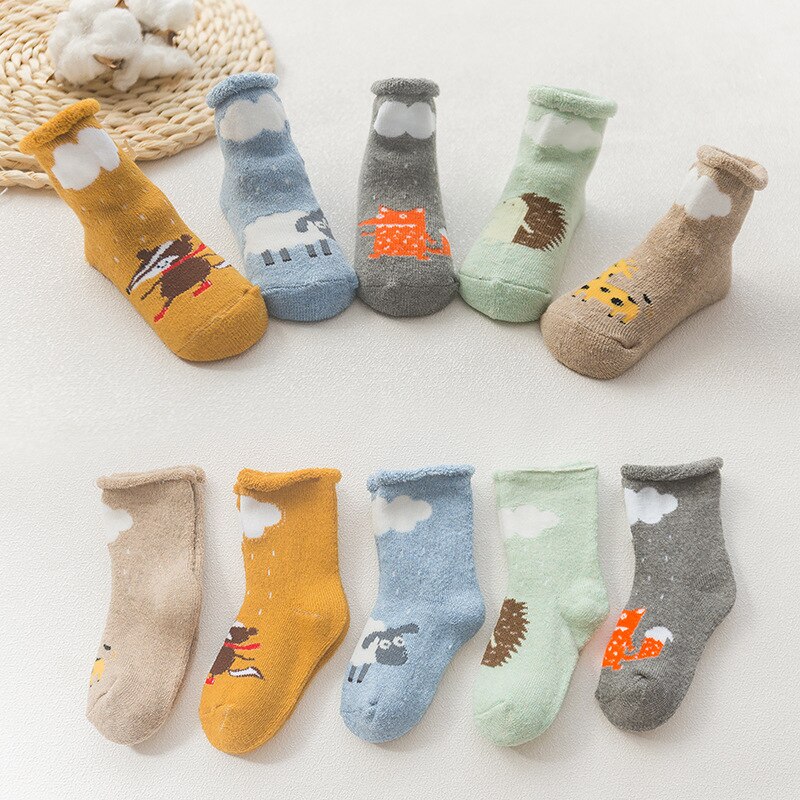 5 Paar Baby Sokken Pasgeboren Baby Jongen En Meisjes Comfort Katoenen Badstof Sokken Dikke Dier Cartoons Patroon: Grijs / L 18-36M