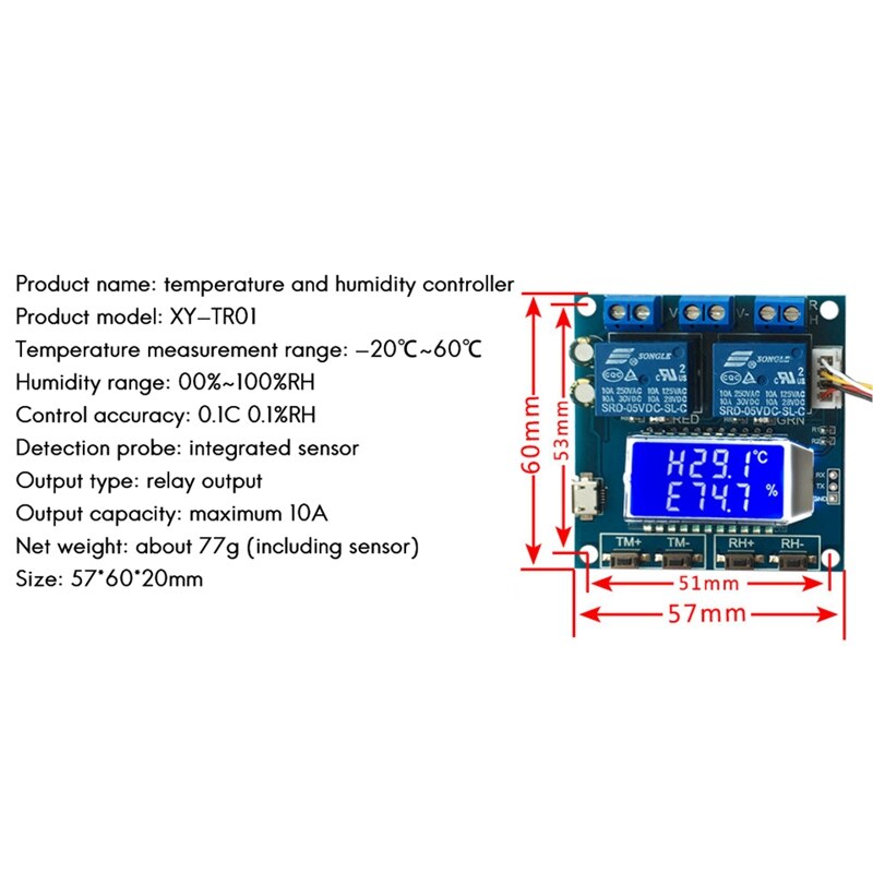 XH-M452 High Precision DC 12V 10A Digital LED Dual Output Temperature and Humidity Controller Module with SHT20 Sensor