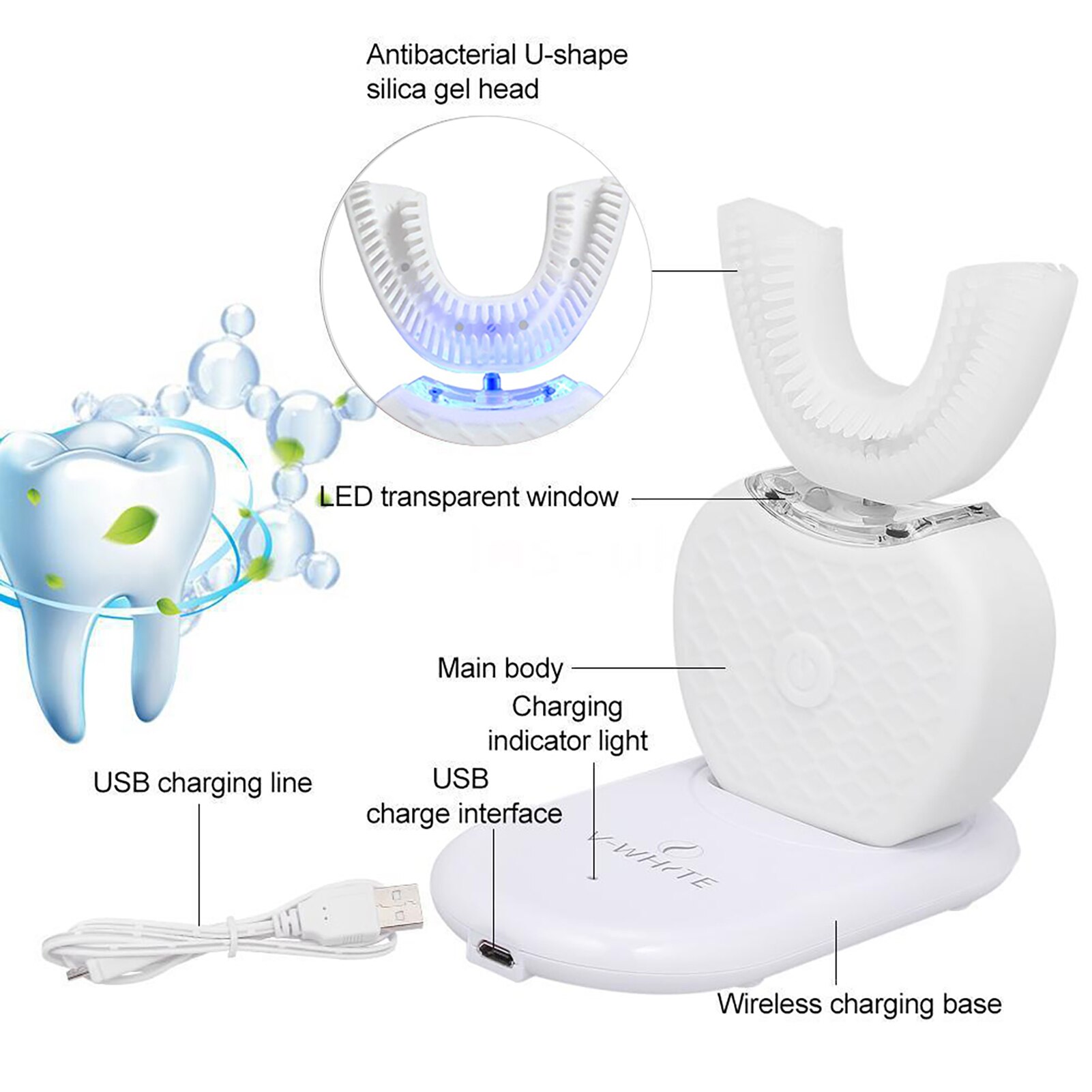 360 Degrees Intelligent Automatic Sonic Electronic Toothbrush USB Rechargeable U Shape with 4 Modes Timer Blue Light Toothpaste