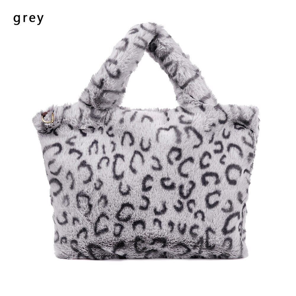 Winter Warm Fur Shoulder Bag Women Snap Button Vintage Leopard Print Bag Chain Large Capacity Plush Soft Bag: Grey