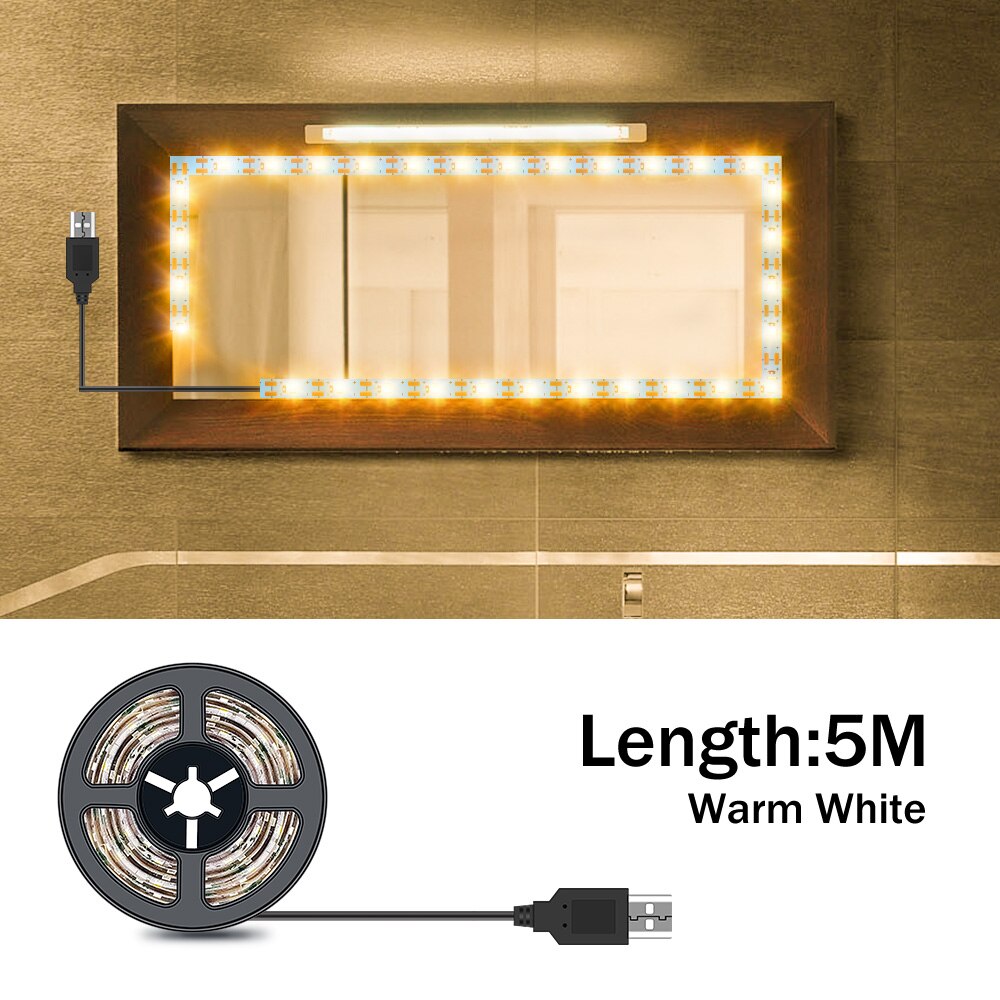5M Vanity Makeup Mirror Lamp Led Light Strip 5V USB LED Flexible Tape Led Dressing Table mirror Lamp Decor Bathroom Light Strip: 5M Warm White