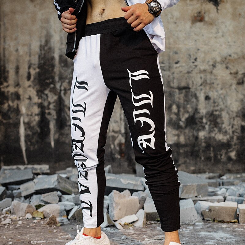 Trajes deportivos para hombre, Fitness, chaqueta de aspecto delgado, pantalones de , estilo callejero, entrenamiento de ocio, estampado, abrigo Casual, entrenamiento de gimnasio: M / black white pants