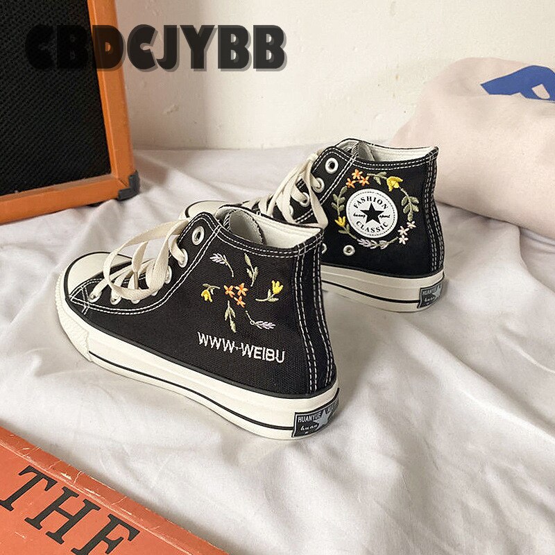 Spring Women Embroidery High Top Canvas Shoes Flat Casual Custom Sneakers skateboarding shoes Student Shoes