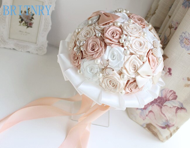 BRITNRY Crystal met Parels Bruid Boeket Satijn Rozen Bruidsmeisje Boeket edding Bloemen Bruidsboeket
