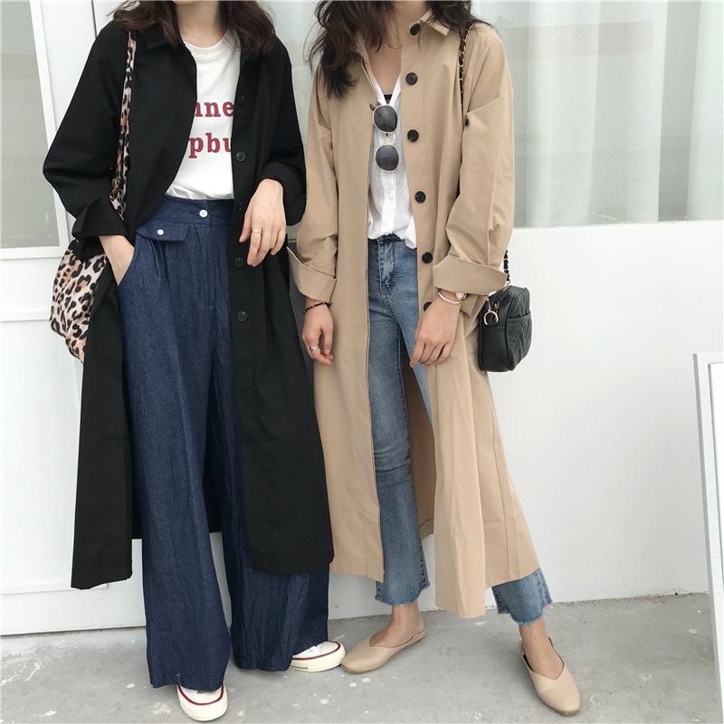 Korean Trench Coat Female Outerwear Summer Windbreaker Long-gown Loose Thin Coat Single-breasted Long Sleeved Shirts Coat Women
