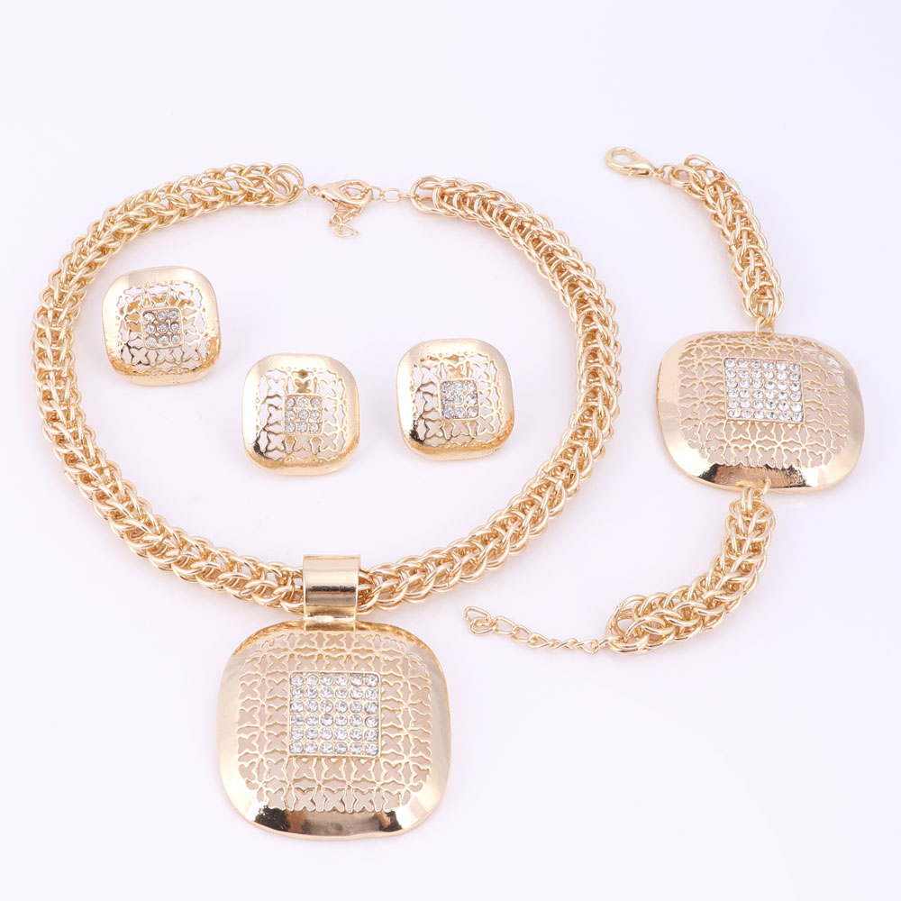 African Beads Jewelry Set Exquisite Dubai Gold Color Square Crystal Jewelry Set Nigerian Wedding Bridal Bijoux