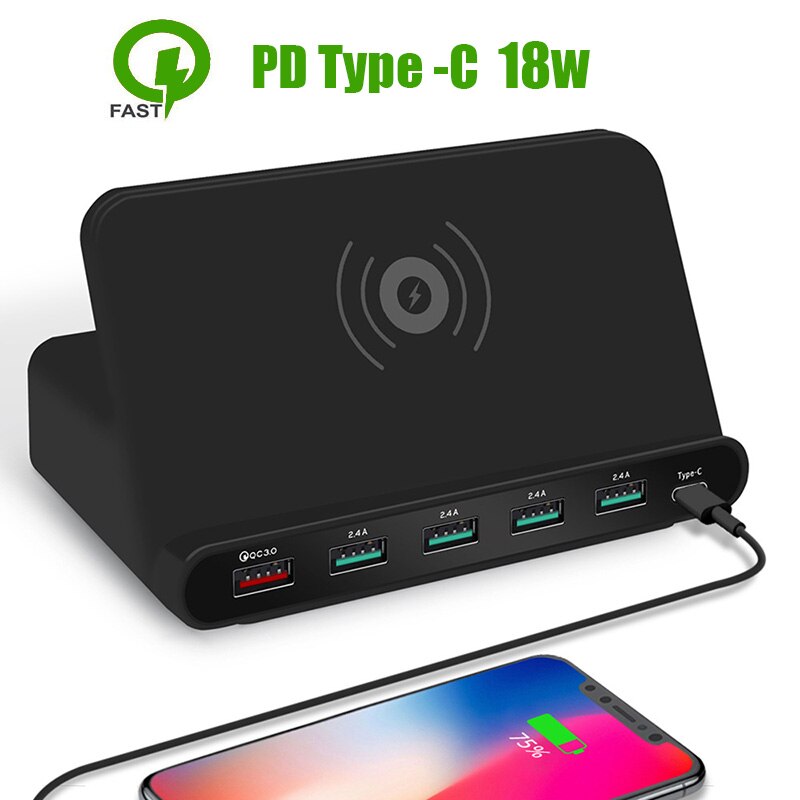 Multi-Port Usb Charger Draadloos Opladen Dock Type C QC3.0 Port Smart Snel Opladen Draagbare Reizen Snelle Charger Us Eu uk Plug