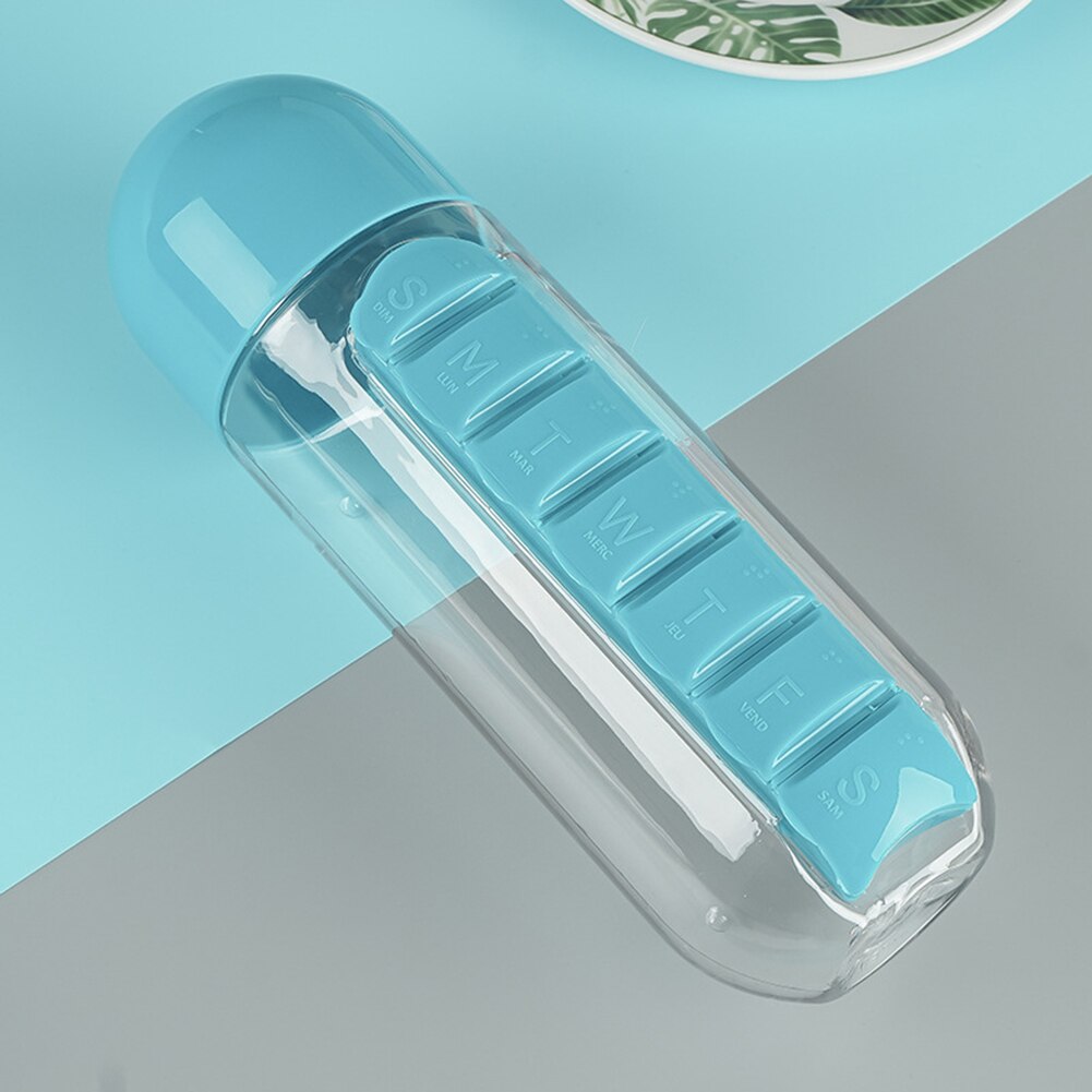 Tragbare 600ML Wasser Glas Flasche Pille Kasten 2 in 1 draussen Bequeme Reise Wasser Flasche Medizin Tasse Tablette Kunststoff flaschen