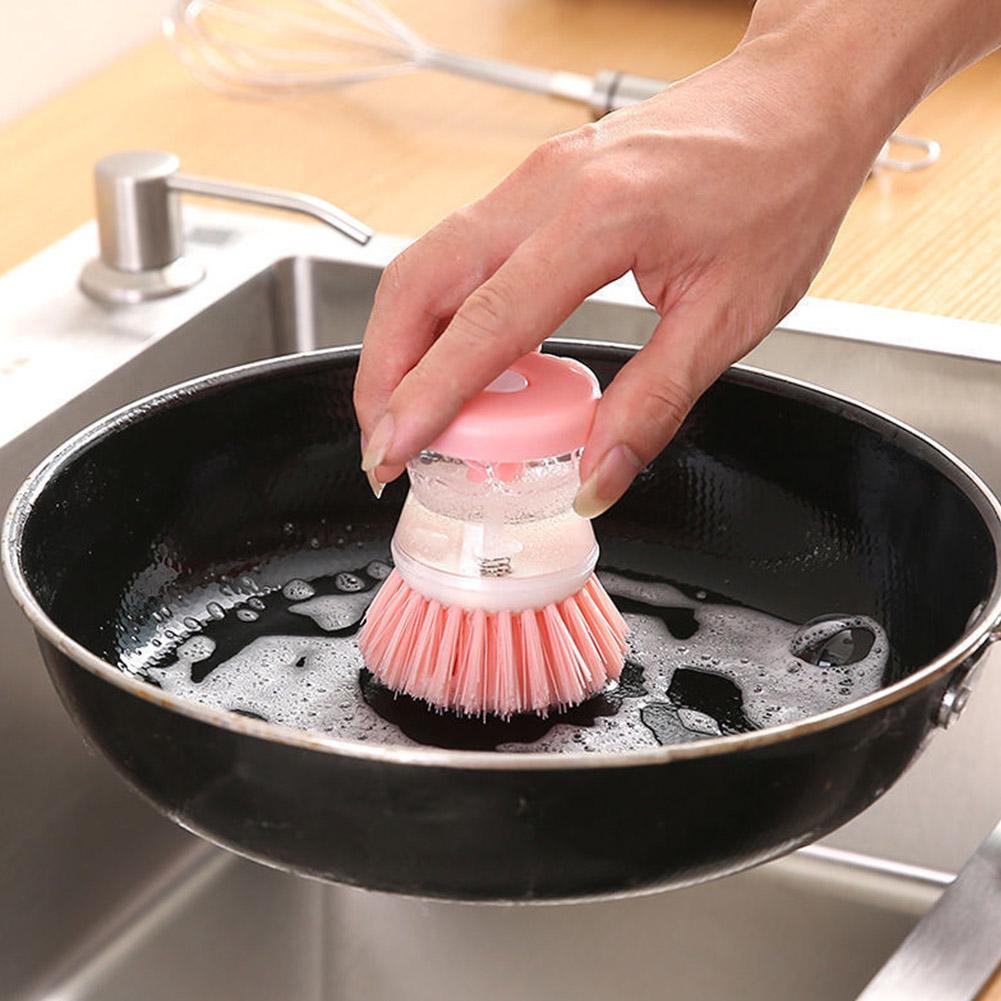 Cepillo para lavar platos y ollas de cocina con dispensador de llenado de líquido al presionar no daña la sartén, dispensador automático de cepillo de limpieza