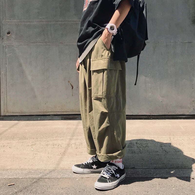 Menn casual straight japanske cargo bukser herre løs collage brede ben bukser menn streetwear bukser rumper: M / Grønn (asiatisk størrelse)