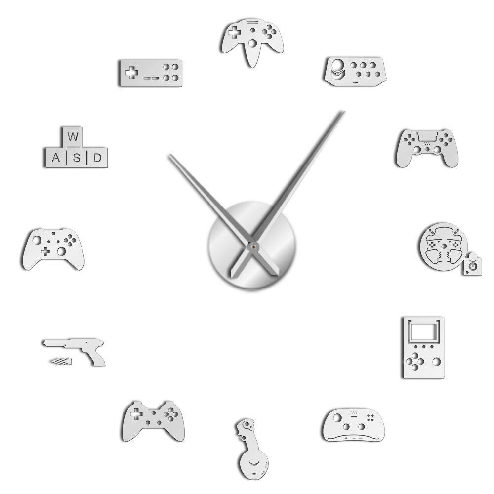 Game Controller Mirror Surface DIY 3D Acrylic Wall Clock Gamer Passion Hobby Video Games Buttons Virtual World Boy Bedroom Decor: Silver / 27 inch