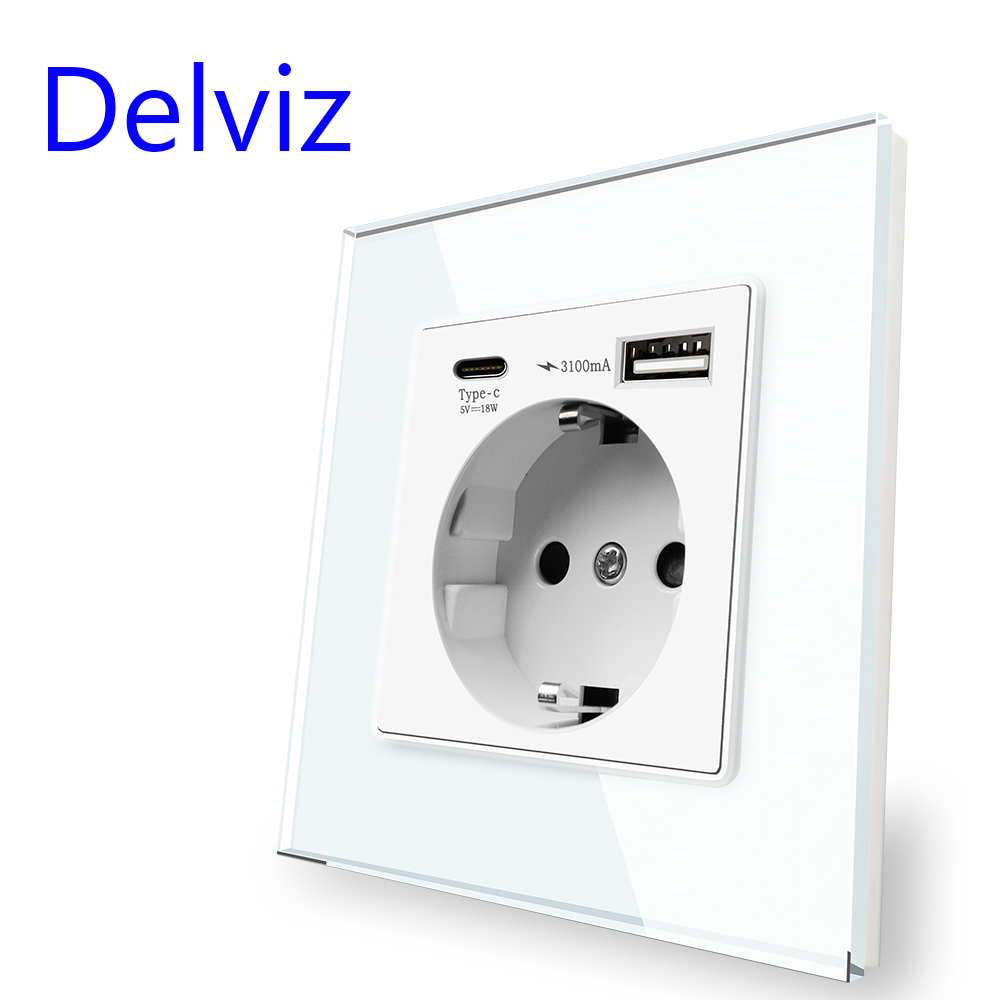Delviz EU standard USB Socket, Crystal glass panel,1A1C dual interface smart quick charge,Wall Power Outlet With Type-C USB port: Wall Socket
