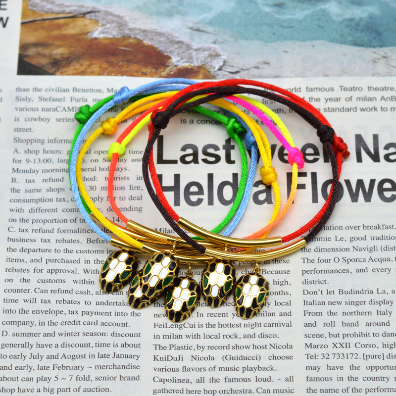 Pulsera de cuerda con cabeza de serpiente esmaltada para mujer, clásico, Color dorado, acero inoxidable, ajustable, accesorios de pulsera DIY