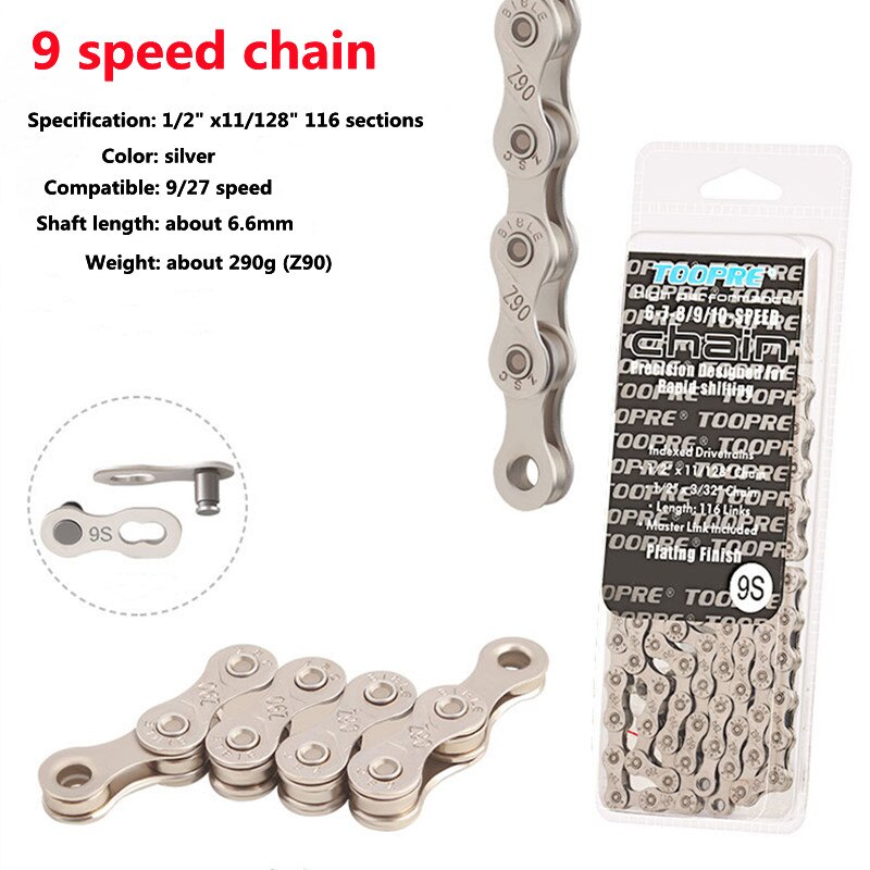 Bicycle Chain 6 7 8 9 10 11 12 Speed MTB Bike Electroplated Silver Chain Road Bicycle Chains Part 116 Links: 9  Speed Silver