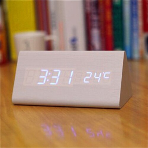 triangular wooden clock,sound control,thermometer,4 color LED display,digital desktop bedroom alarm clock on desk: white clock blue