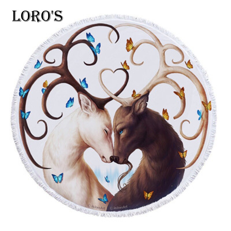 Handgetekende hd-dieren, wolf, leeuw, patroon, strandlaken, ronde kwastjes, microvezel yogamat, badhanddoek, picknickkleed, mat