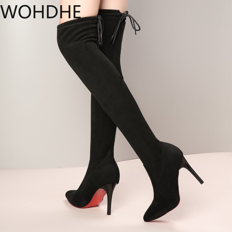 Stivali con suola rossa inverno sopra il ginocchio elasticizzato tacco alto Slip on scarpe punta a punta donna stivali lunghi stivaletti alti in pelle scamosciata sintetica