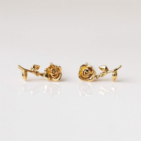 Leaf Rose Stud Earrings Korean Earrings real 100% 925 sterling silver Earrings Sweet temperament tassels personality Earrings A3: gold