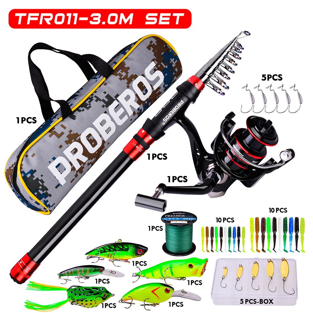 PROBEROS 1.8m-3.6m Telescopic Casting Fishing Combo Portable Ultralight Rod and 5.2:1 Gear Ratio Fishing Reel Fishing Tackle Kit: 3.0m and 3000 KIT