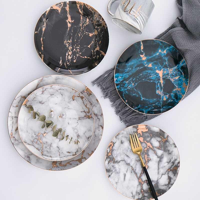 Marble Ceramic Dinner Plates Set Gold Inlay Porcelain Dessert Plate Steak Salad Snack Cake Plates Tableware