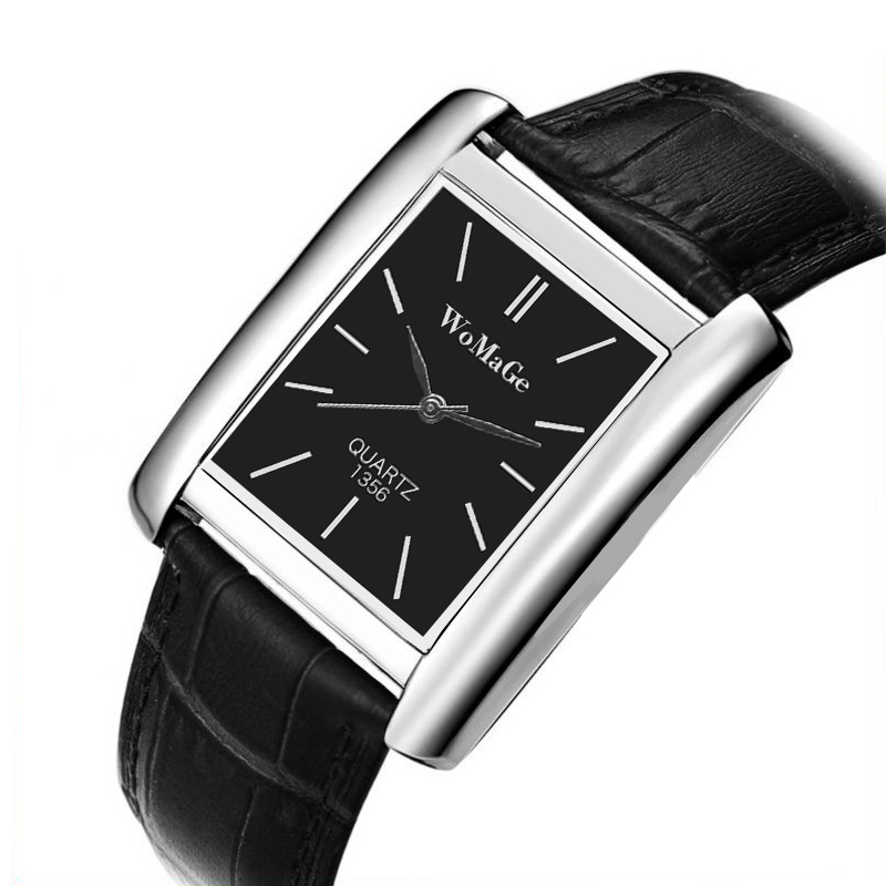 Womage kvinders ure top brand luksus damer ur kvinder ure læderrem kvinders rektangel ur ur reloj mujer: Sort 1