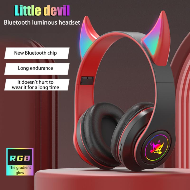 RGB Flashing Devil Ear Headphone Bass Demon Headset Bluetooth-compatible Noise Reduction With Mic For Kids Boys Music Game