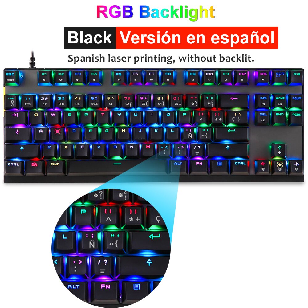 Motospeed USB Wired 87 Key Gaming Mechanical Keyboard RGB Backlit Russian Spanish for Computer Laptop Mac Windows Android: Black Spanish / Red Switch