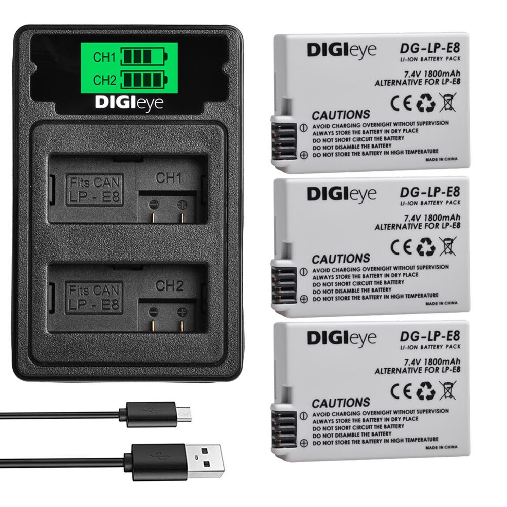 2X LP-E8 LPE8 Battery + LCD Dual Charger With Type C Port for Canon Rebel T3i T2i T4i T5i EOS 600D 550D 650D 700D Kiss X5 X4 X6: 3 battery set