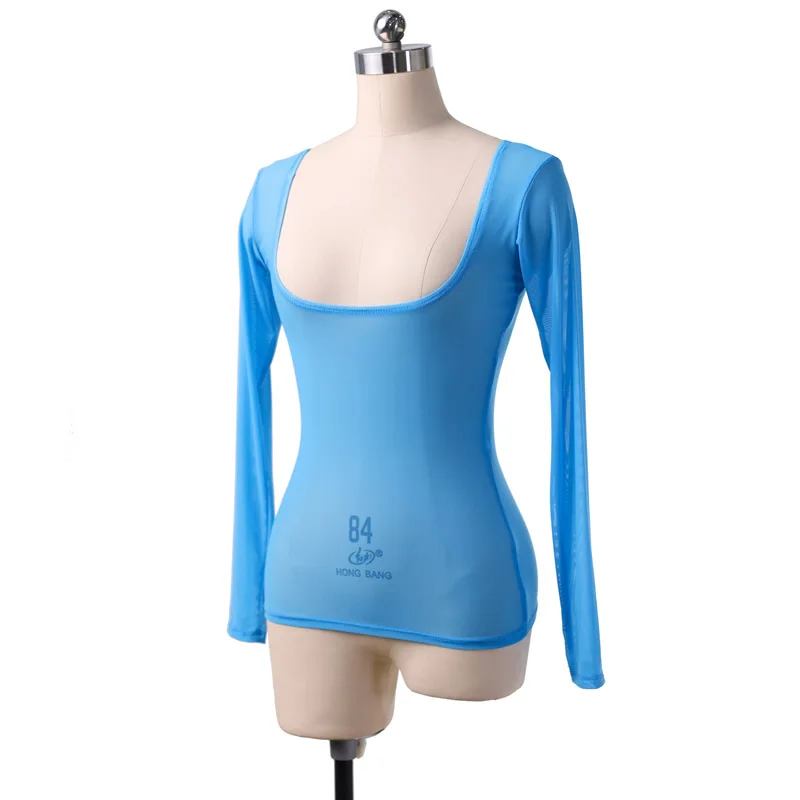 Dames lange mouw doorzichtige mesh pure crop top blouse shirt pull-on bodycon tee danser basiskleding sexy transparant naakt rood: Oranje