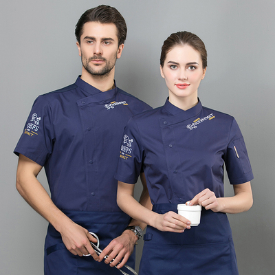 Unisex Chef Uniform Tops Short Sleeve Kitchen Workwear Waiter Waitress Baking Clothes Catering Hotel Restaurant Overalls: Blue top / XXXL
