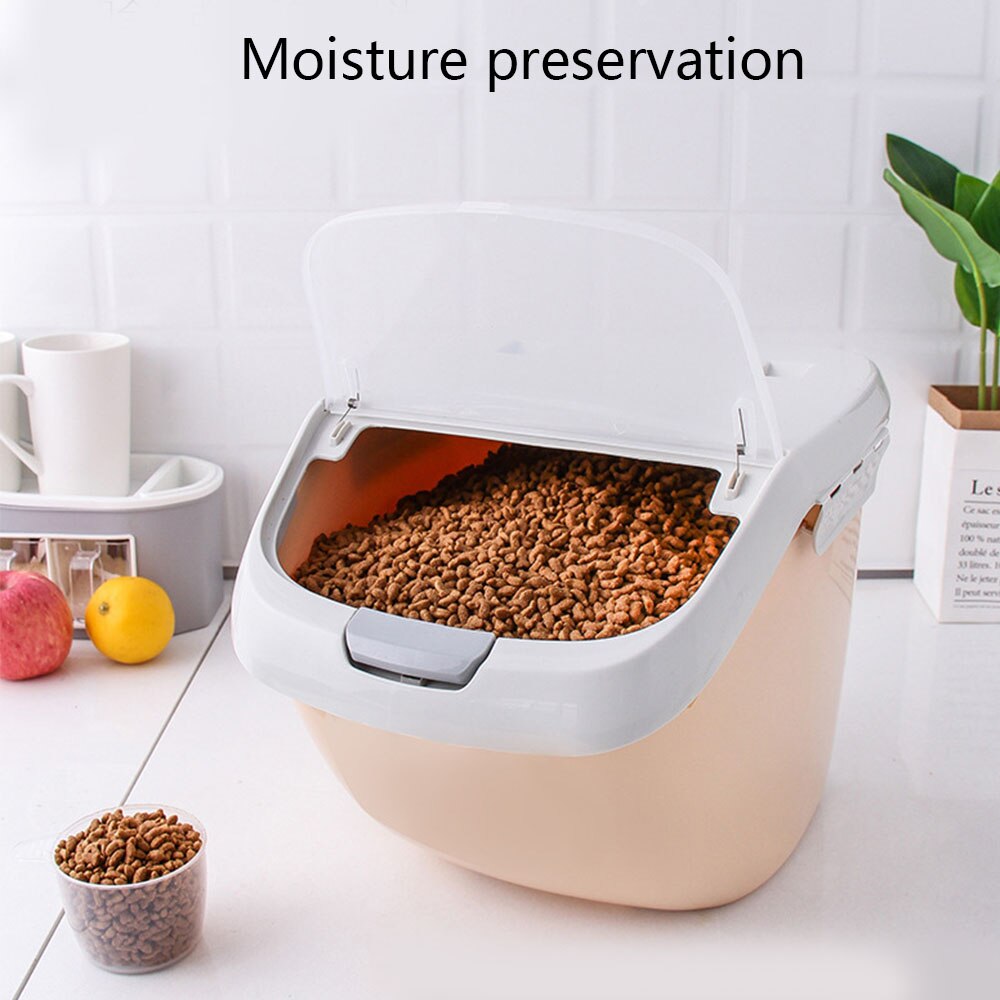 Cubo alimentador de plástico para perros y gatos, contenedor de comida fresca de gran capacidad, almacenamiento en seco antioxidante, barril y taza medidora