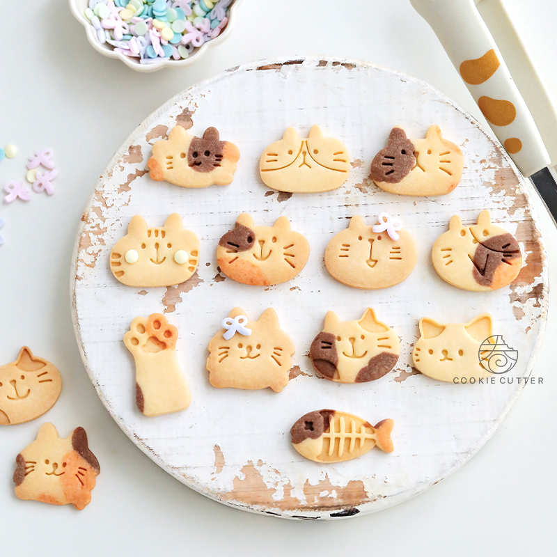 Juego de sellos y cortadores de galletas con forma de gato y pez de dibujos animados, moldes en relieve para galletas con forma de pata de gato, herramientas de decoración de pasteles y Fondant