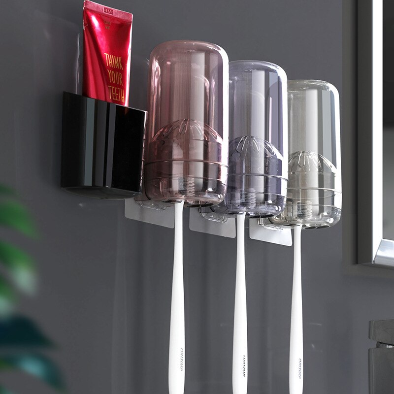 Cup With 3 Toothbrush Holder Toothpaste Shaver Shelf Plastic Wall Mounted Rack Fittings For Bathroom Accessories