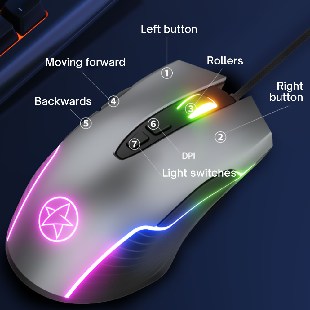 Wired Gamer Mouse 7 Buttons Lighting ABS Material Frosted Feel Optical 6400 DPI Mice Gaming Mouse For Computer Desktop Laptop PC